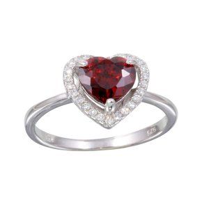Sterling Silver 925 Rhodium Plated Red Halo Heart Ring
